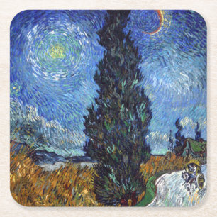 Dessous-de-verre Carré En Papier Route avec cyprès de Van Gogh Impressionnisme