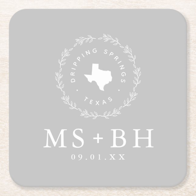 Dessous-de-verre Carré En Papier Russe Wreath Texas Mariage Monogramme | Gris (Devant)