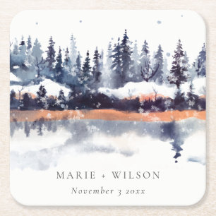 Dessous-de-verre Carré En Papier Rust Navy Winter Pine Forest Mariage de neige