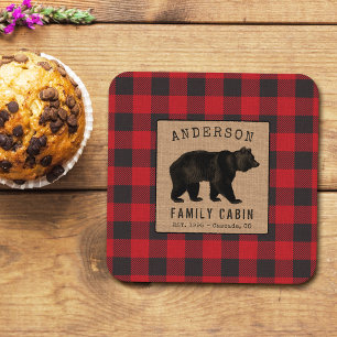 Dessous-de-verre Carré En Papier Rustic Bear Family Cabine Red Buffalo Plaid Burlap