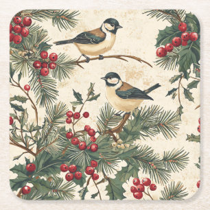 Dessous-de-verre Carré En Papier Rustic Bird et Poinsettia Motif de Noël (8)