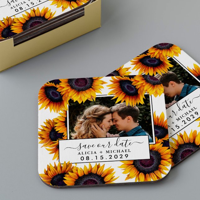 Dessous-de-verre Carré En Papier Rustic sunflowers photo wedding save the date (Créateur téléchargé)