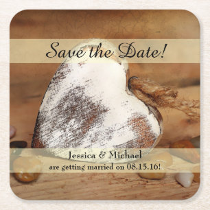 Dessous-de-verre Carré En Papier Rustic Twine Wood Heart Sauvez la date