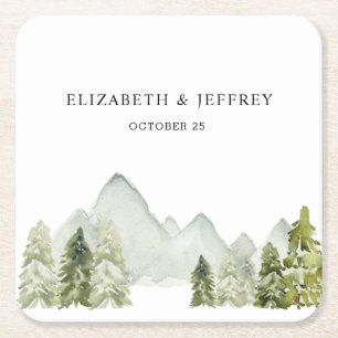 Dessous-de-verre Carré En Papier Rustic Watercolor Mountains Pine Winter Wedding Na