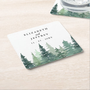 Dessous-de-verre Carré En Papier Rustic Watercolor Pine Forest Mariage d'hiver