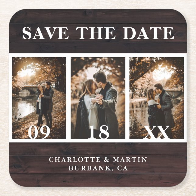 Dessous-de-verre Carré En Papier Rustic Wood Mariage Photo Enregistrer La Date (Devant)