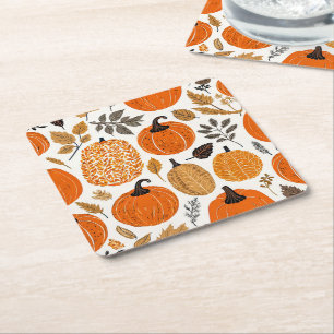 Dessous-de-verre Carré En Papier Rustique Automne Orange Citrouille Motif de feuill