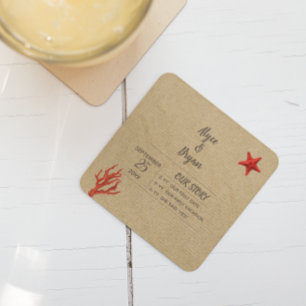 Dessous-de-verre Carré En Papier Sable et corail modernes Mariage personnalisé