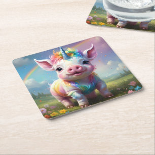 Dessous-de-verre Carré En Papier "Sabots Magiques : La Licorne Arc-en-Ciel Cochon"