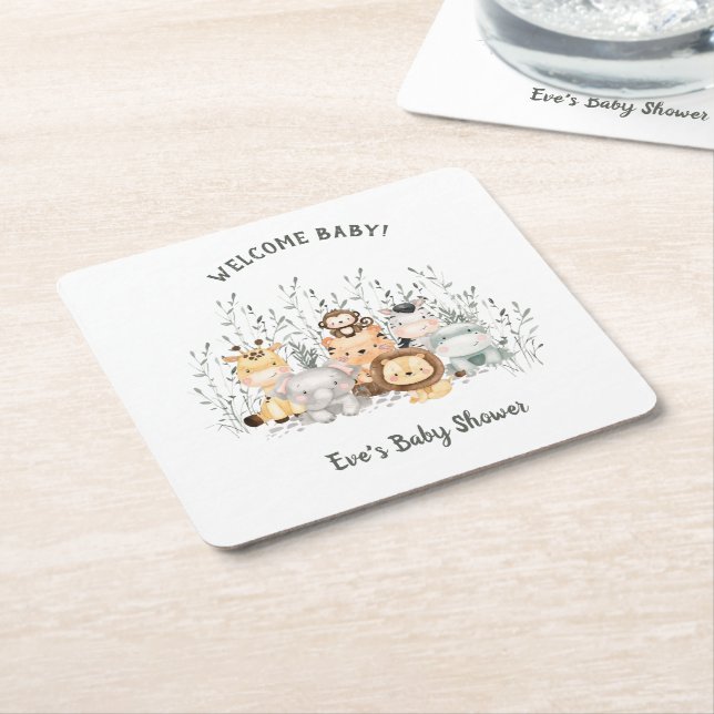 Dessous-de-verre Carré En Papier Safari Animaux Baby shower Bienvenue bébé (Incliné)