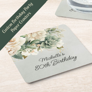 Dessous-de-verre Carré En Papier Sage Blanc Floral Vert Or 80e Anniversaire