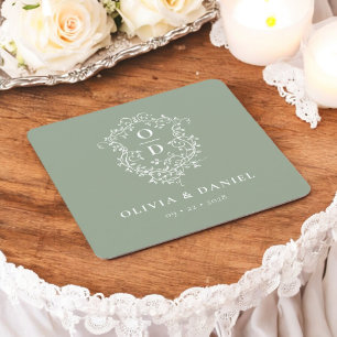 Dessous-de-verre Carré En Papier Sage Green Floral Monogramme Mariage Crest Moderne