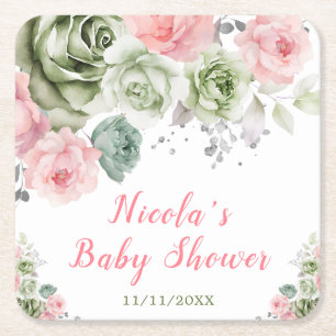 Dessous-de-verre Carré En Papier Sage Vert et Fleurs Roses Baby Shower