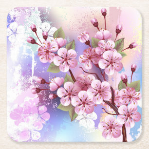 Dessous-de-verre Carré En Papier Sakura rose sur la peinture Arrière - plan