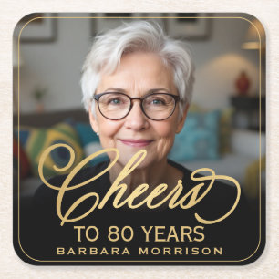 Dessous-de-verre Carré En Papier Salutations à 80 ans Anniversaire Photo Gold Noir
