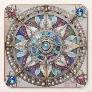 Dessous-de-verre Carré En Papier Saphirs roses et bleus Diamants Perles Mandala