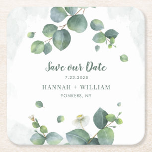Dessous-de-verre Carré En Papier Sauver notre Date Eucalyptus Floral Succulent Scri