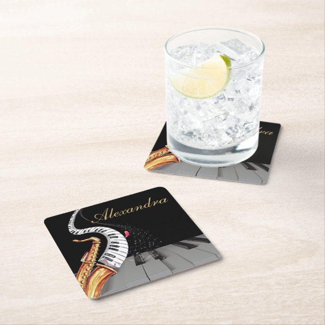 Dessous-de-verre Carré En Papier Saxophone personnalisé Black Gold (En situation)