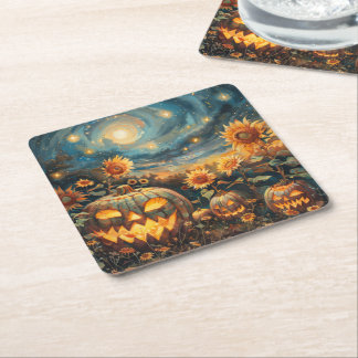 Dessous-de-verre Carré En Papier Scène d'automne avec Jack-o-lanternes et tournesol
