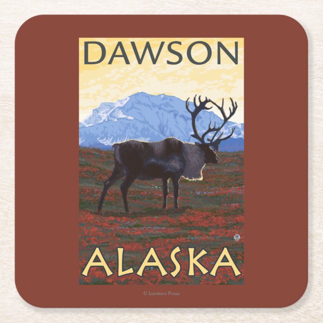 Dessous-de-verre Carré En Papier Scène de caribou - Dawson, Alaska (Devant)