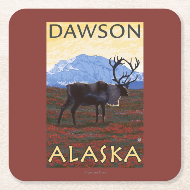 Dessous-de-verre Carré En Papier Scène de caribou - Dawson, Alaska (Devant)