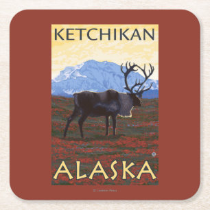 Dessous-de-verre Carré En Papier Scène de caribou - Ketchikan, Alaska