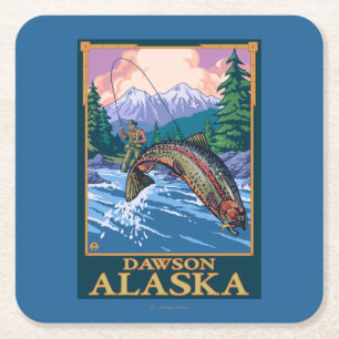Dessous-de-verre Carré En Papier Scène de pêche de mouche - Dawson, Alaska