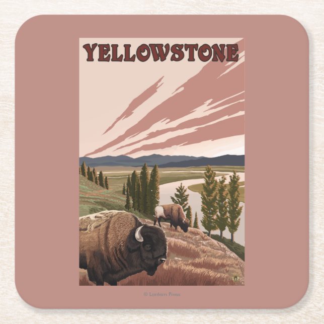 Dessous-de-verre Carré En Papier Scène de YellowstoneBison (Devant)
