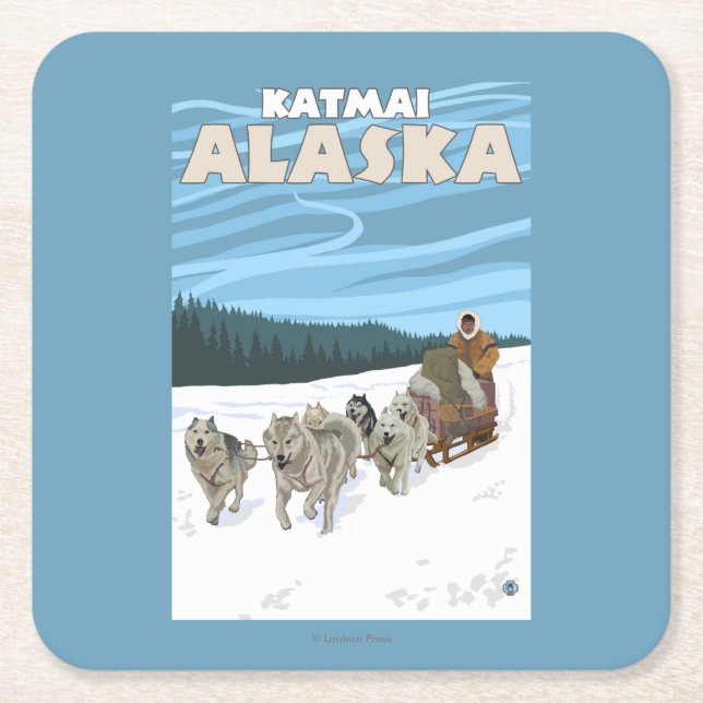 Dessous-de-verre Carré En Papier Scène Sledding de chien - Katmai, Alaska (Devant)