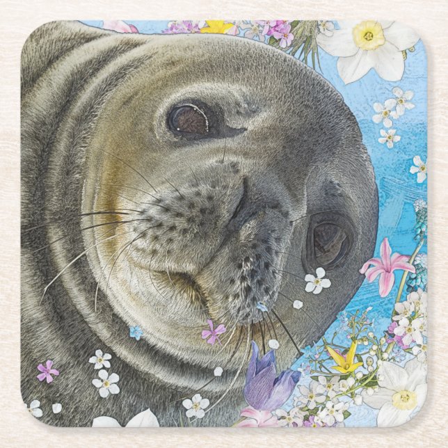 Dessous-de-verre Carré En Papier Sealion de conte de Fairytale dans l'océan des fle (Devant)