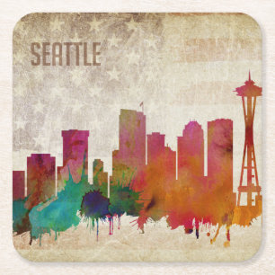 Dessous-de-verre Carré En Papier Seattle, horizon de ville d'aquarelle de WA 