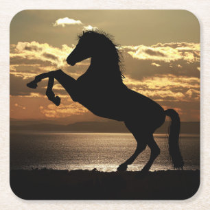Dessous-de-verre Carré En Papier Silhouette de cheval contre le coucher du soleil