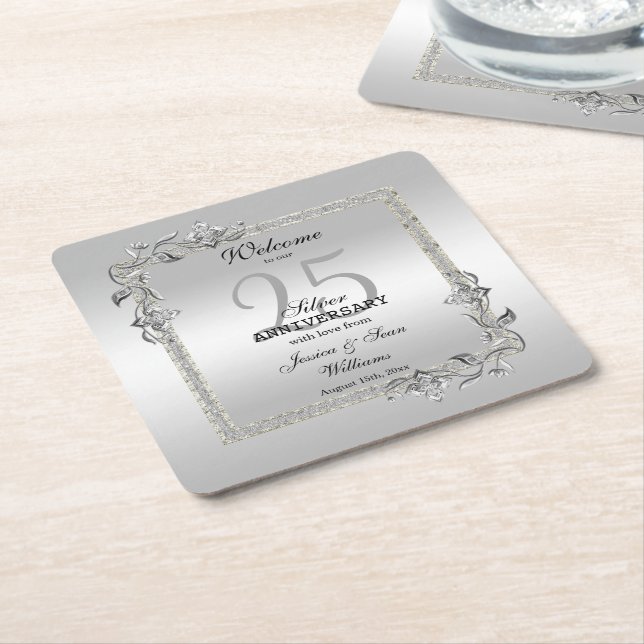 Dessous-de-verre Carré En Papier Silver Gem & Glitter 25th Wedding Anniversary (Incliné)