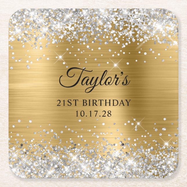 Dessous-de-verre Carré En Papier Silver Glitter Gold Foil 21st Birthday (Devant)