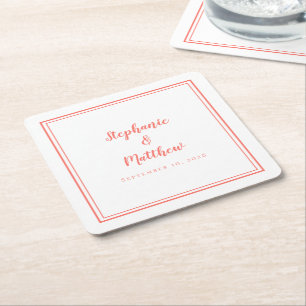 Dessous-de-verre Carré En Papier Simple Coral blanc Mariage moderne minimaliste par