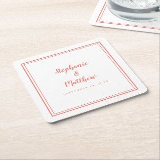 Dessous-de-verre Carré En Papier Simple Coral blanc Mariage moderne minimaliste par