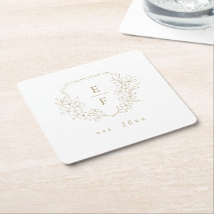 Dessous-de-verre Carré En Papier Simple Elegant Cerisier Or Blossom Monogram Crest