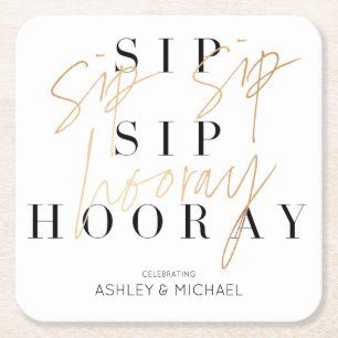 Dessous-de-verre Carré En Papier Sip Sip Hooray moderne Black Gold Engagement Party