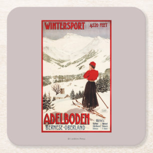 Dessous-de-verre Carré En Papier Skieur de femme donnant sur l'affiche d'Adelboden