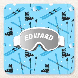 Dessous-de-verre Carré En Papier Skieur Thème Ski Personnalisé Bleu Après-Ski