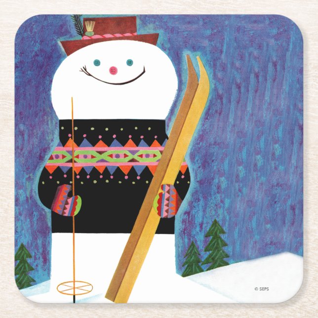 Dessous-de-verre Carré En Papier Skis pour Snowman (Devant)
