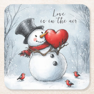 Dessous-de-verre Carré En Papier Snowman offre l'amour avec un grand coeur