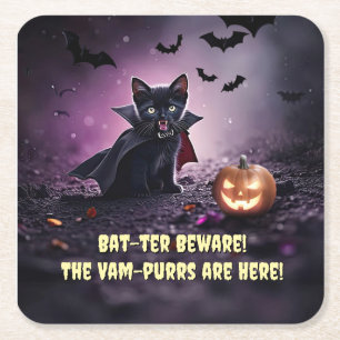 Dessous-de-verre Carré En Papier Soirée d'Halloween avec Vampire de chat noir