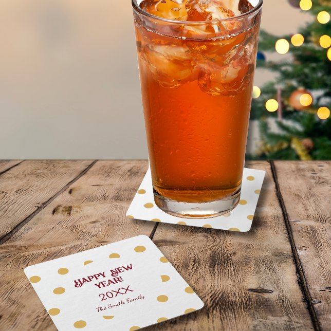 Dessous-de-verre Carré En Papier Soirée du Nouvel An en or Polka (Polka gold New Year's Eve Festive Party Drink Square Paper Coaster)