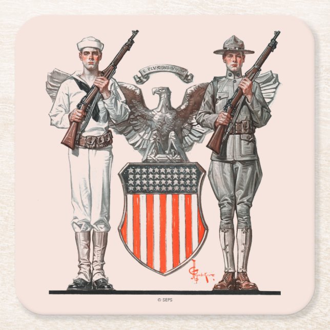 Dessous-de-verre Carré En Papier Soldat, marin et bouclier américain (Devant)