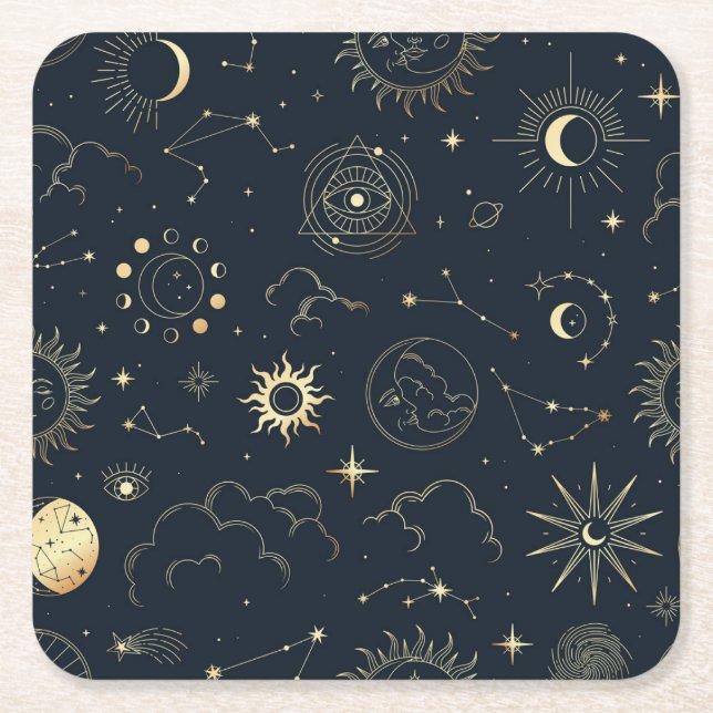 Dessous-de-verre Carré En Papier Soleil céleste et Lune éléments mystiques (Devant)