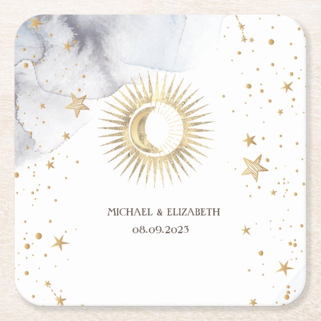 Dessous-de-verre Carré En Papier Soleil céleste, Lune, Étoiles (Devant)