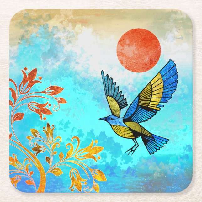 Dessous-de-verre Carré En Papier Soleil de l'arbre d'oiseaux (Devant)