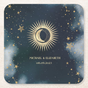 Dessous-de-verre Carré En Papier Soleil d'or céleste, Lune, Ciel nocturne étoilé