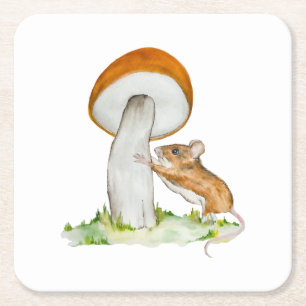 Dessous-de-verre Carré En Papier Souris drôle avec champignon sauvage